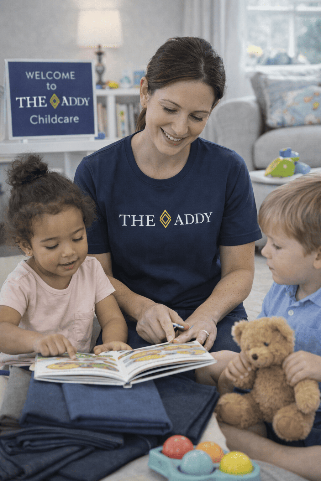 A woman, wearing a navy T-shirt with the logo 'The Addy,' is reading a children's book to a young girl and boy at a childcare center. The girl has curly hair tied up and the boy has straight blonde hair, and he's holding a teddy bear. A sign in the background reads, 'Welcome to The Addy Childcare,' and there are colorful toys and a cozy, well-lit room.
