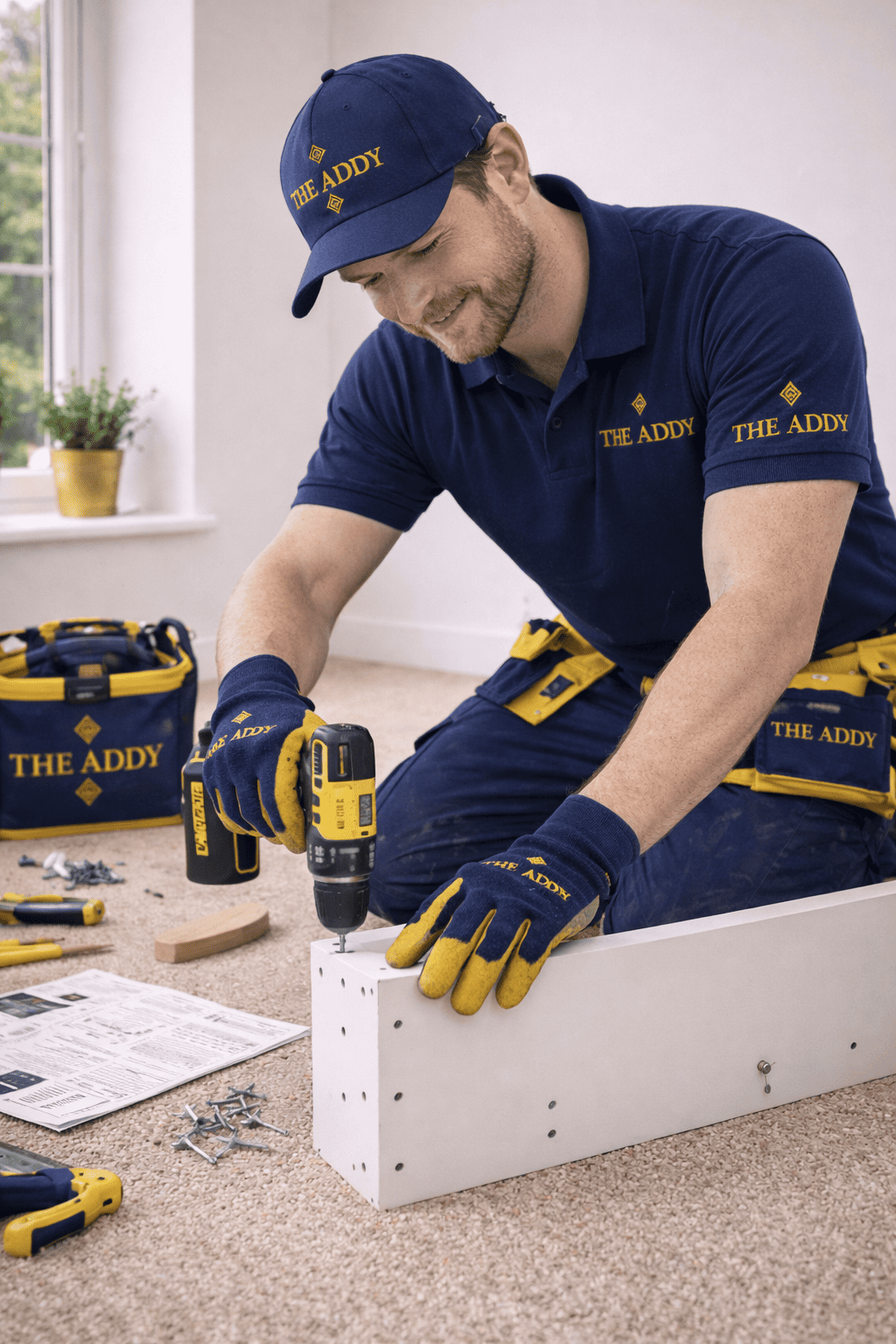 A man assembling furniture with a cordless drill, wearing a blue uniform with yellow accents and gloves, in a bright room. There is a toolbox and hardware on the beige carpet.