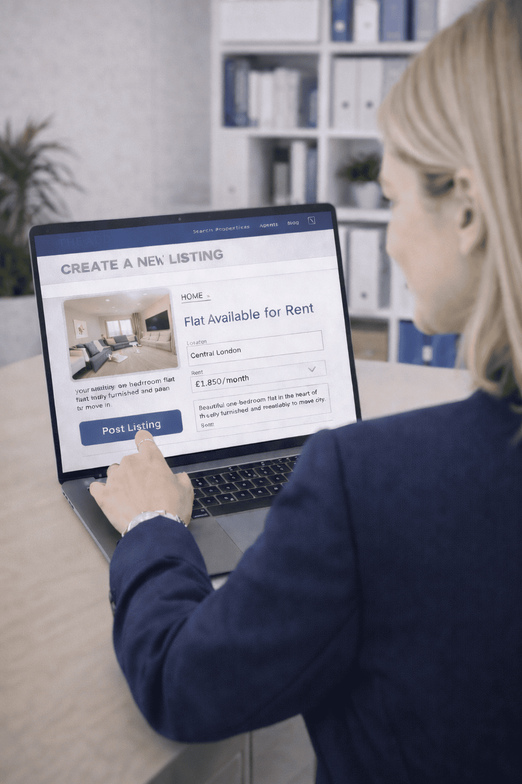 A woman creating a listing for a rental apartment on a laptop, showing a webpage with details such as location 'Central London' and rent '£1,850/month', with a 'Post Listing' button.