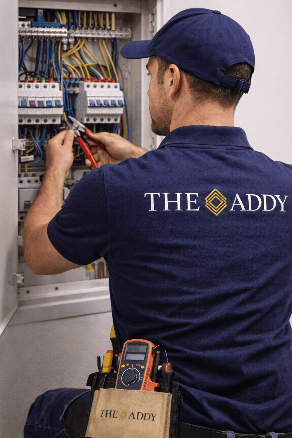 A technician wearing a dark blue shirt with 'THE ADDY' embroidered on the back and a matching cap, working on an electrical panel using pliers. He has a tool belt with a multimeter and other tools.