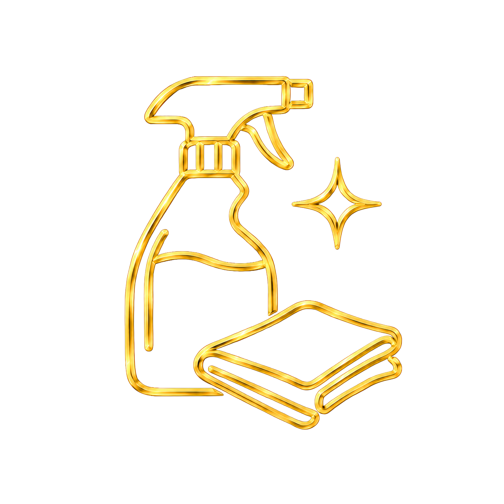Golden neon outline of a spray bottle and a stack of papers with a spark star next to them on a black background.