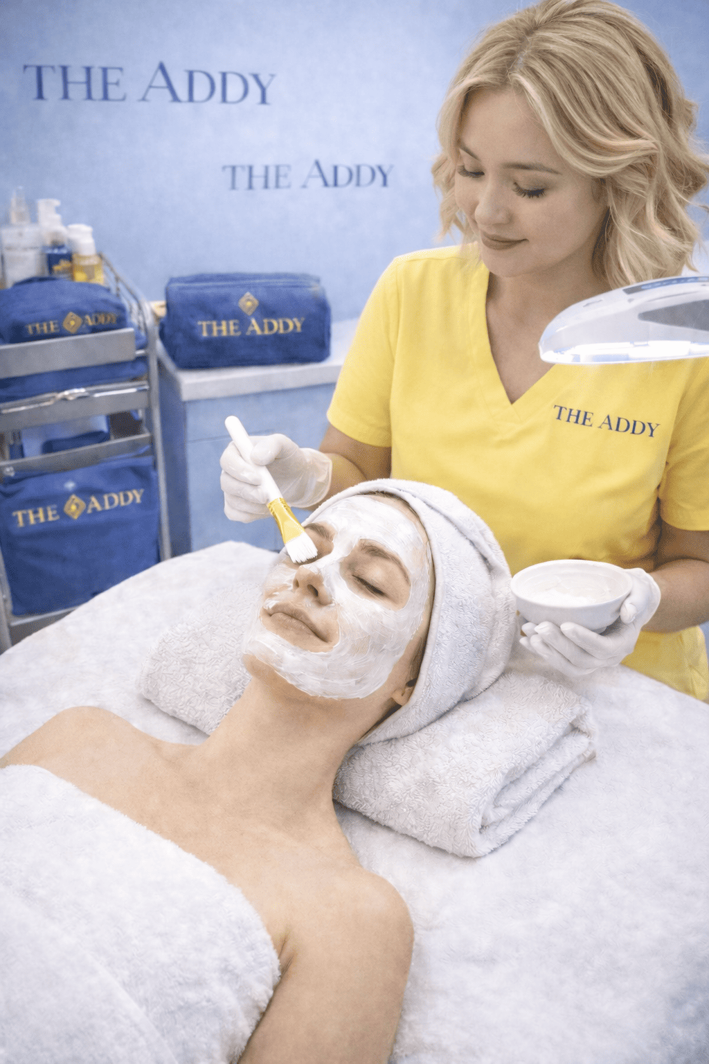A woman receives a facial treatment at a spa, with a staff member applying a facial mask to her face. The woman is lying down with a towel wrapped around her head, and the staff member is wearing a yellow uniform with 'The Addy' embroidered on it.