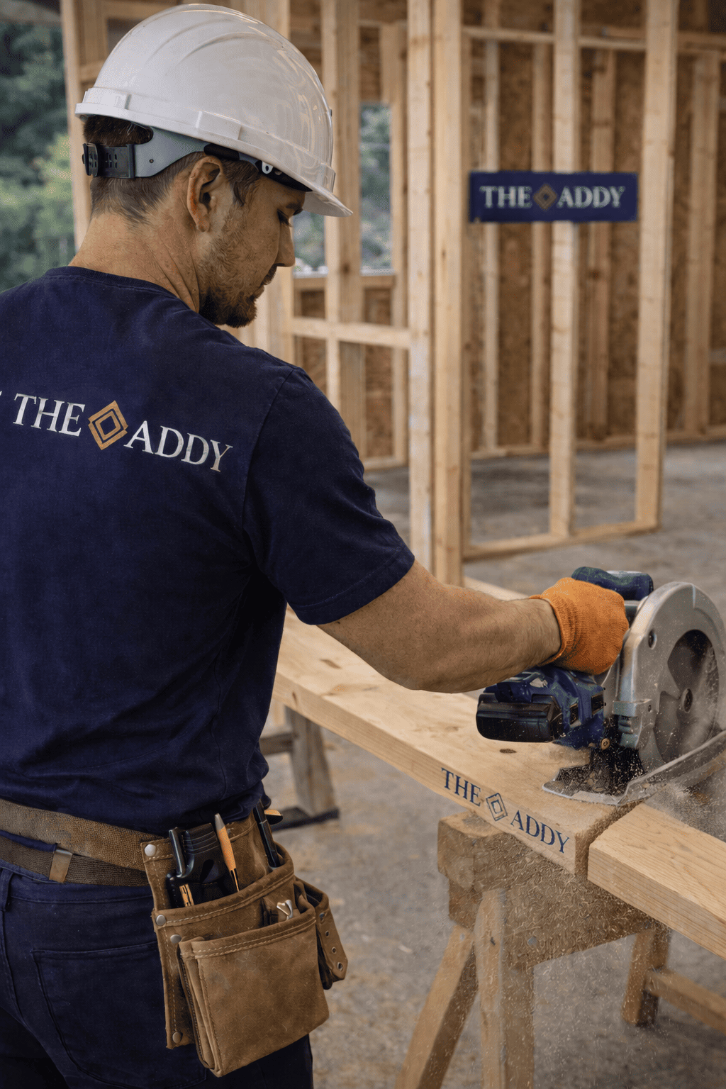 A construction worker wearing a hard hat and a shirt with the logo "The Addy" is cutting a piece of wood with a circular saw at a building site.