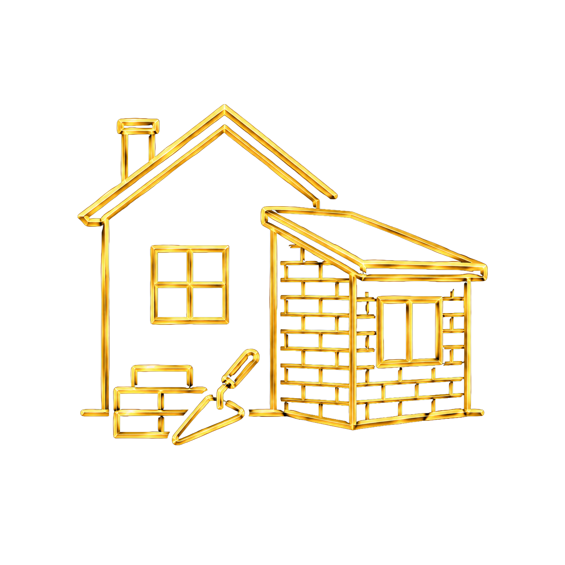 Neon outline of a house with a chimney, desk, and paintbrush, all in yellow-gold glow against a black background.