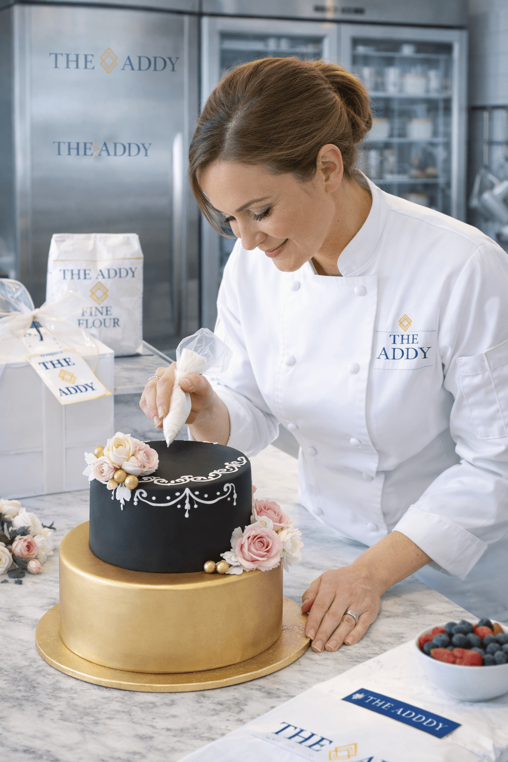 A woman in a white chef's coat decorating a two-tiered cake with pink roses and white ornamental details in a professional kitchen.