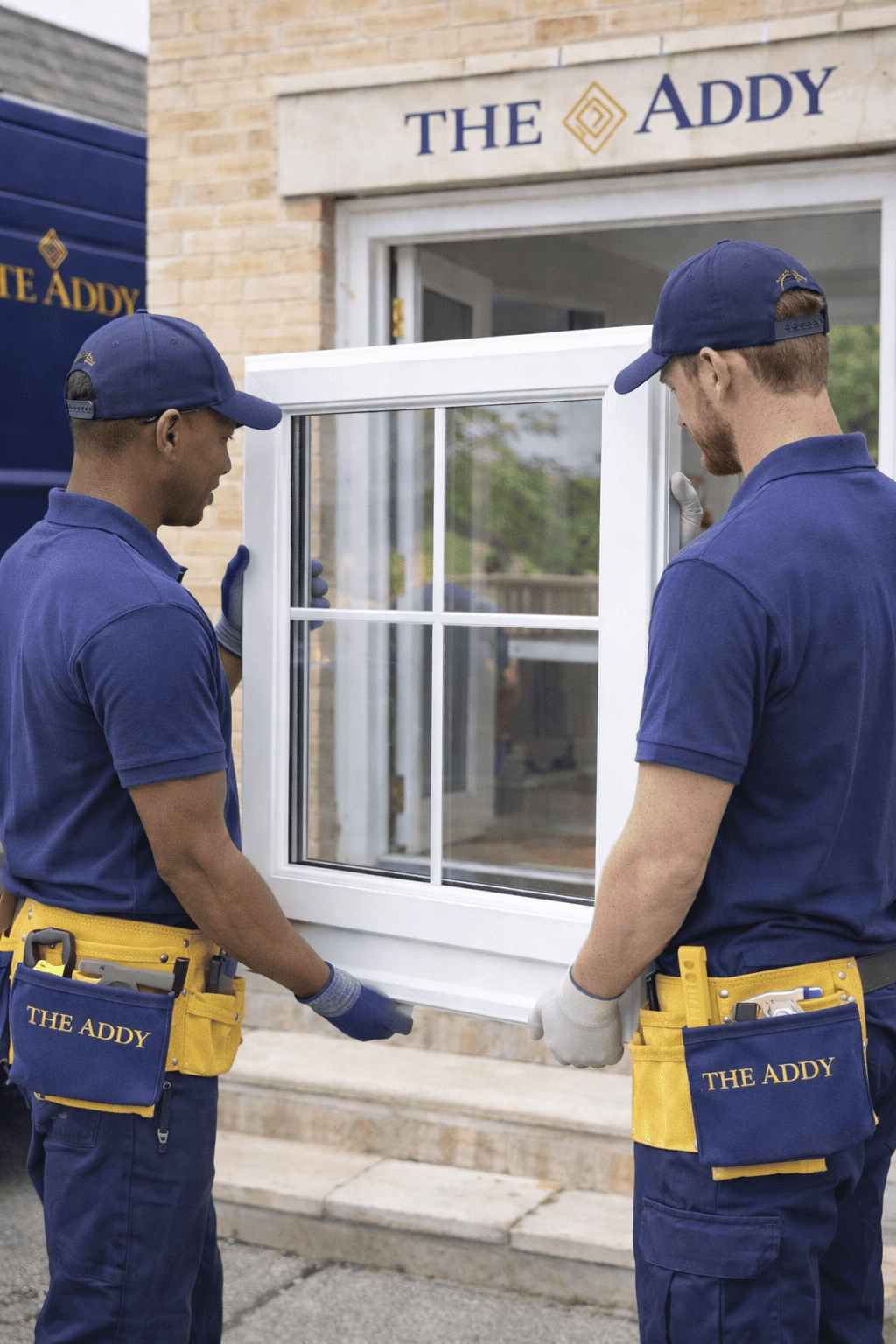 Two workers from The Addy company installing a white-framed window outside a brick building.