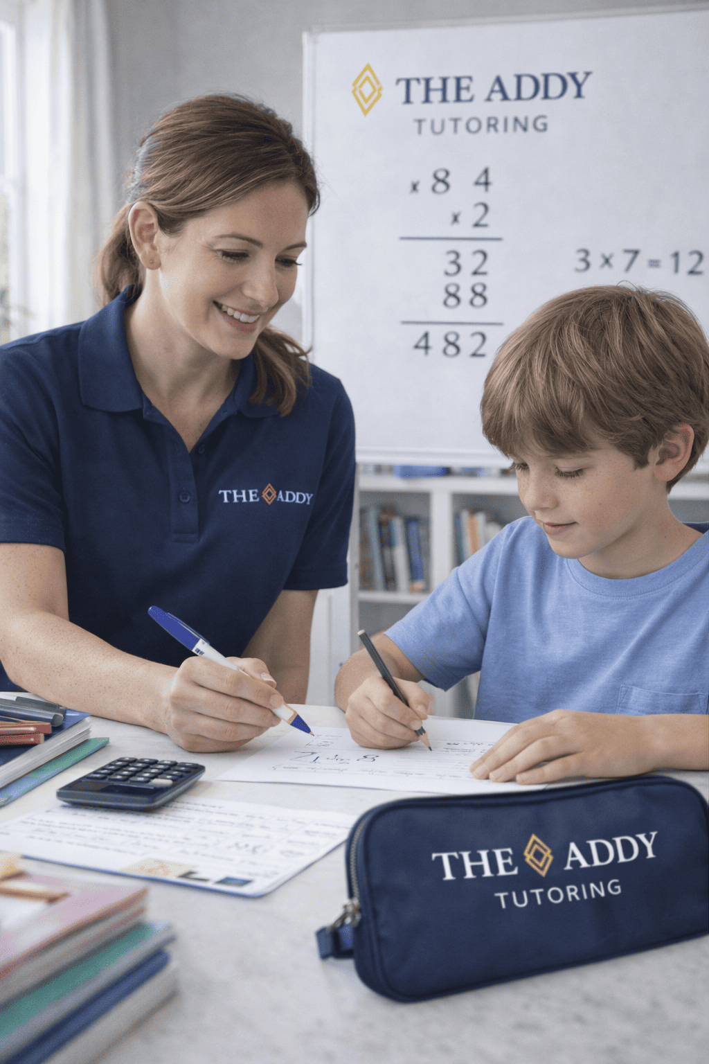 A tutor and a young student work together at a table, with tutoring materials, a calculator, and notebooks, in a classroom setting, with a whiteboard in the background displaying math problems and the logo 'The Addy Tutoring'.