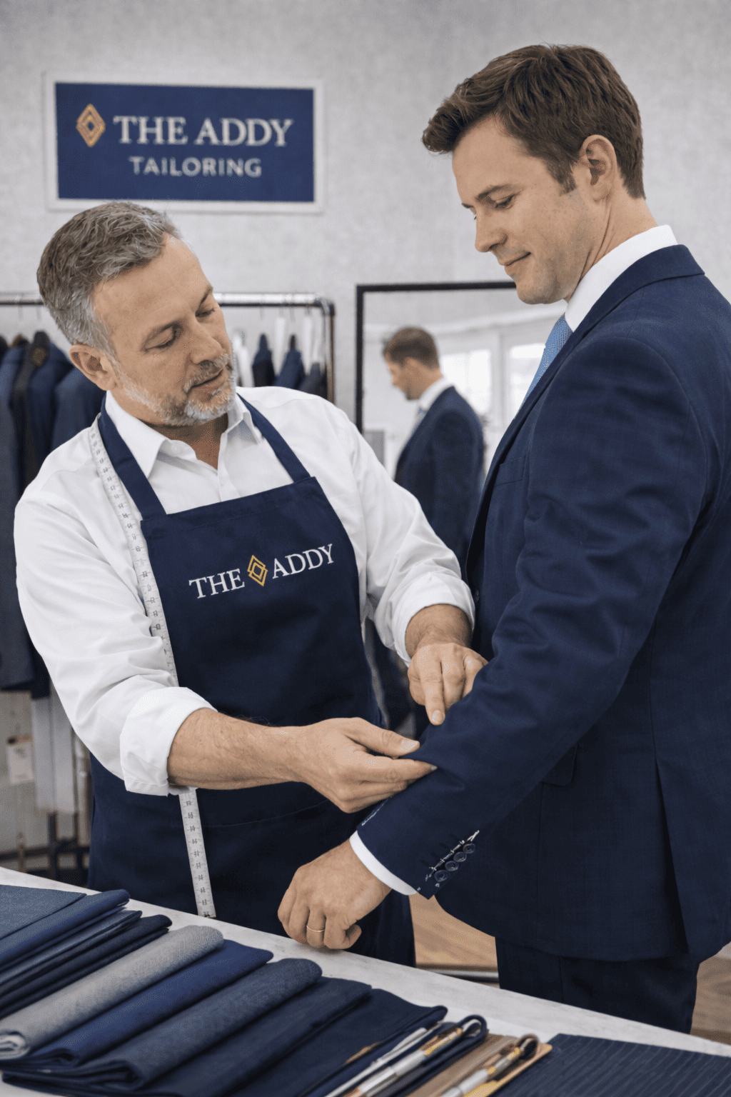 A tailor fitting a man's suit at 'The Addy' tailoring shop, with fabric swatches on the table in front.