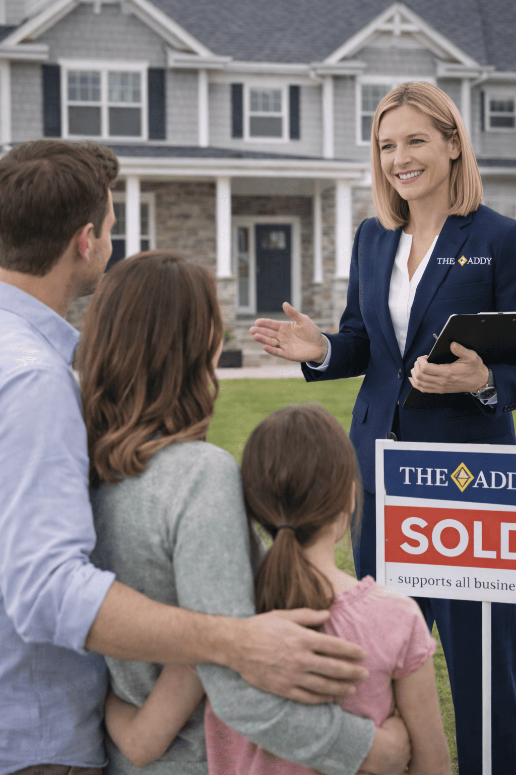 A real estate agent talking to a family in front of a house with a sold sign.