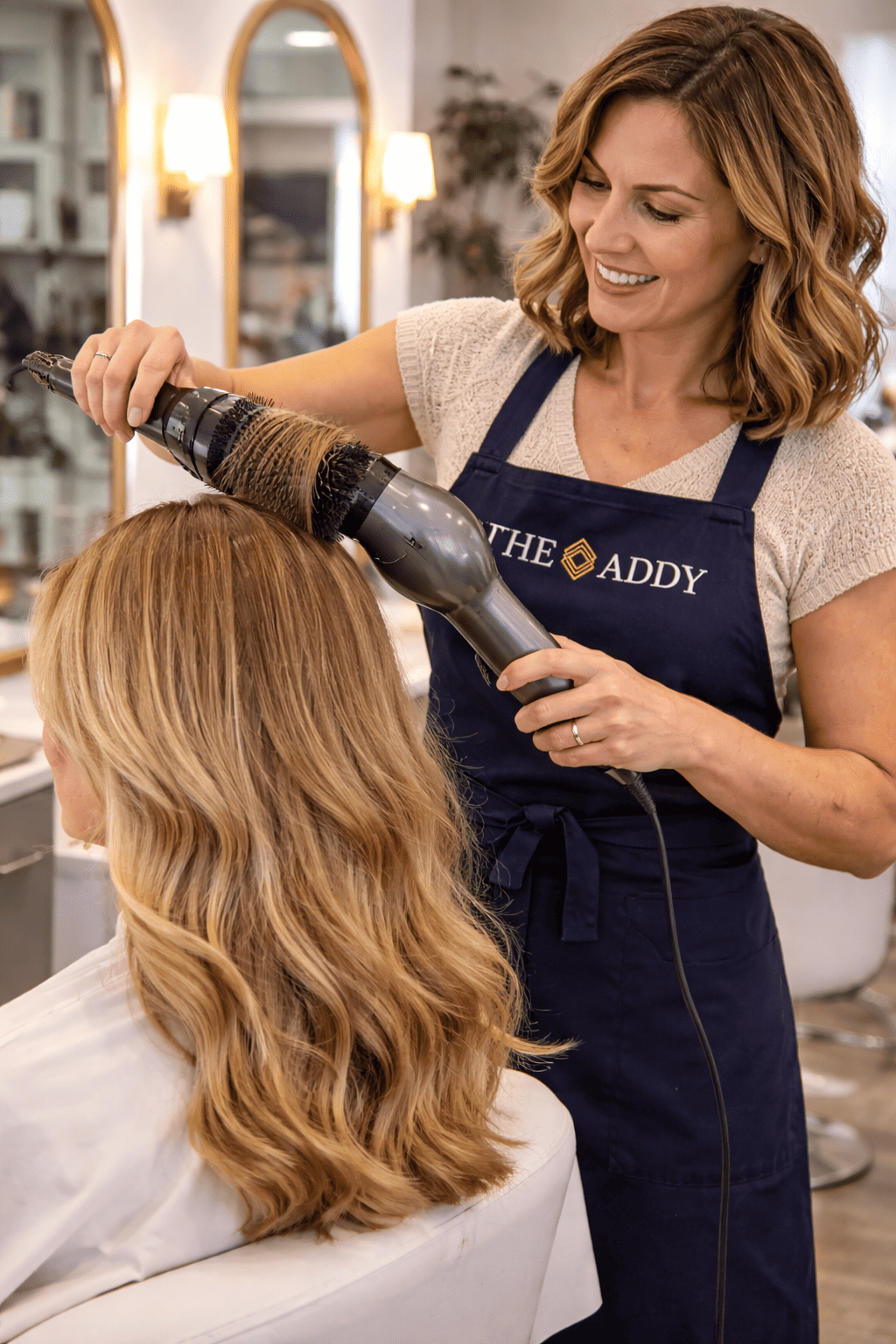 A woman with shoulder-length red hair styled in loose waves is drying a woman's long wavy blonde hair with a black hairdryer. The woman is wearing a beige top and a navy apron that says 'The Addy'. The background is a hair salon with mirrors, lamps, and shelves.