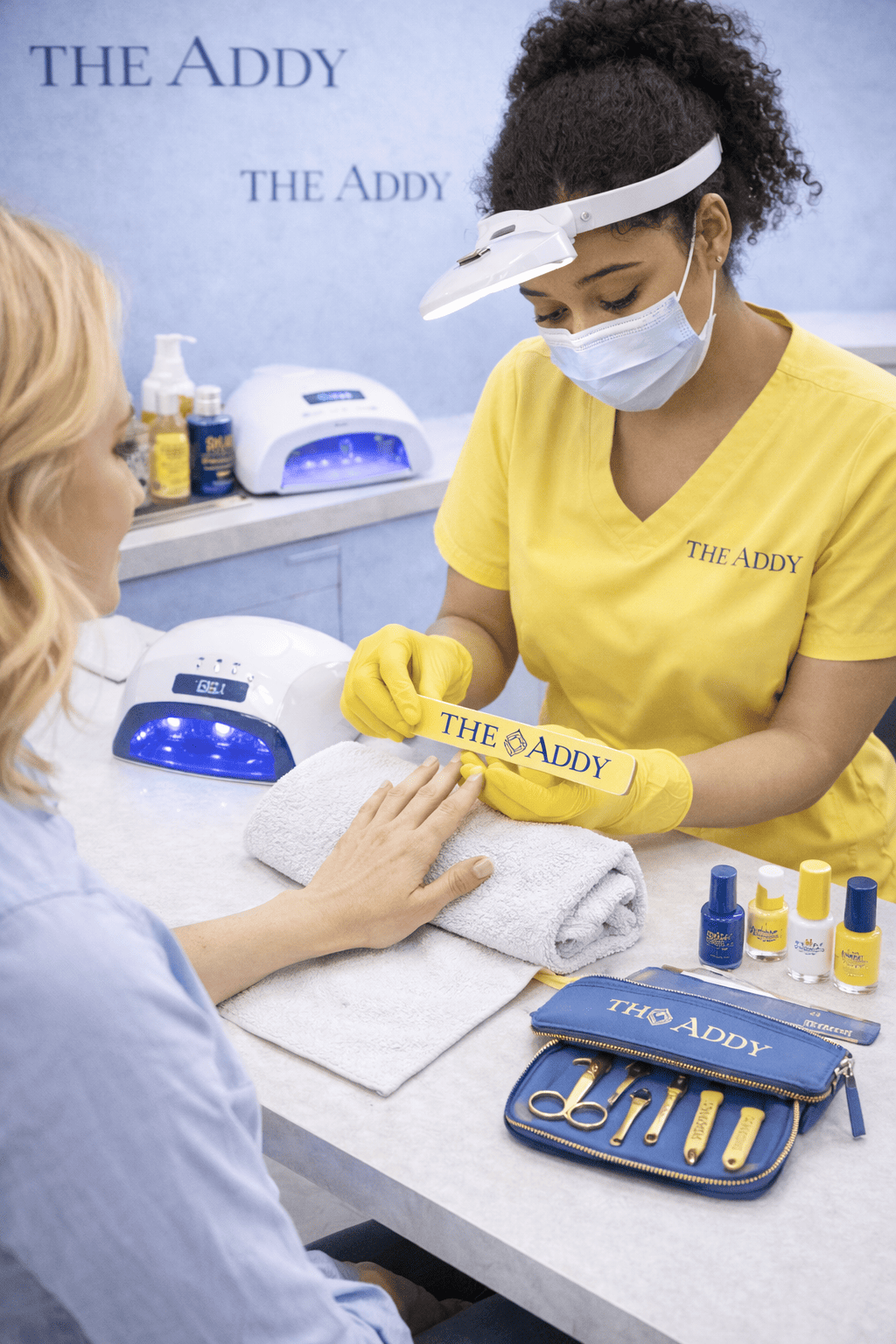 A manicurist wearing a yellow scrubs, mask, and magnifying visor, holding a yellow sticker that says 'THE ADDY' on a client's fingernail, at a nail salon. The client, with blonde hair, is seated with her hand resting on a white towel on the nail table. Nail tools and polish bottles are arranged next to a blue pouch and two UV nail lamps are on the counter.