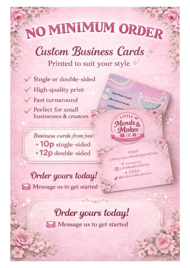 Pink advertisement for custom business cards with floral design, offering various print options and prices, and encouraging contact via message to order.