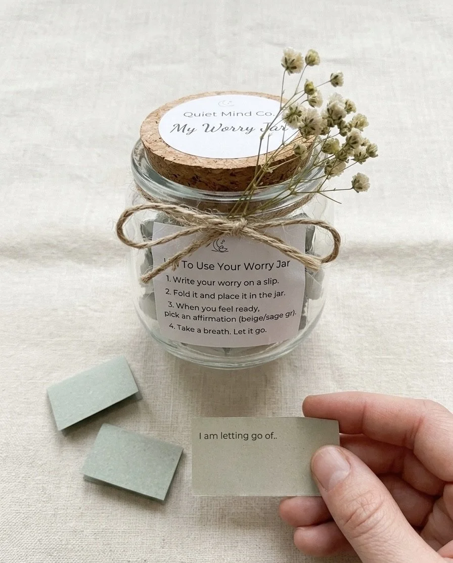 A jar labeled 'Quiet Mind Co. My Worry Jar' with a paper note for writing worries, two pastel-colored stones, and a hand holding a note that reads 'I am letting go of...'.