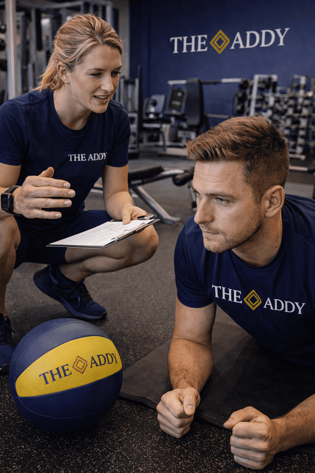 A woman instructs a man doing a plank exercise at the gym. Both wear matching navy shirts with 'THE ADDY' logo. A fitness ball with the same logo is nearby.