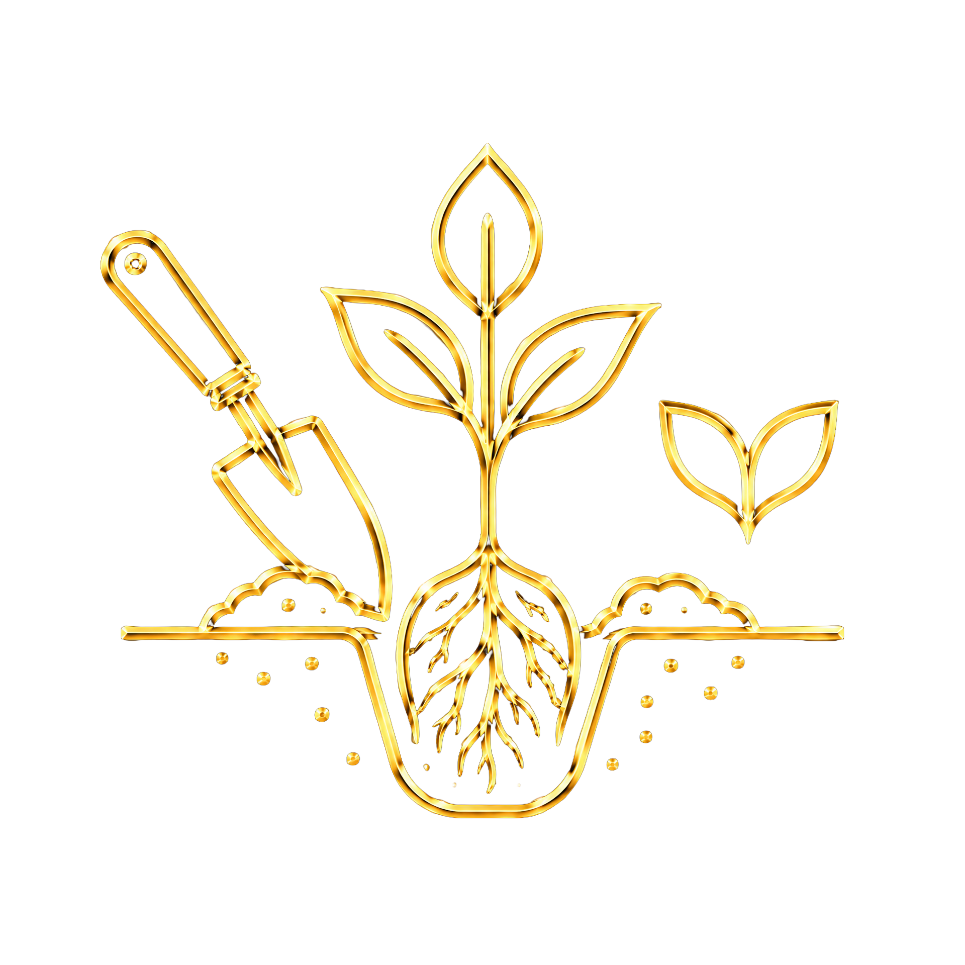 Glowing golden neon outline of a plant with three leaves, a stem, roots, and a small flower, with a gardening trowel on the left side, all set against a black background.