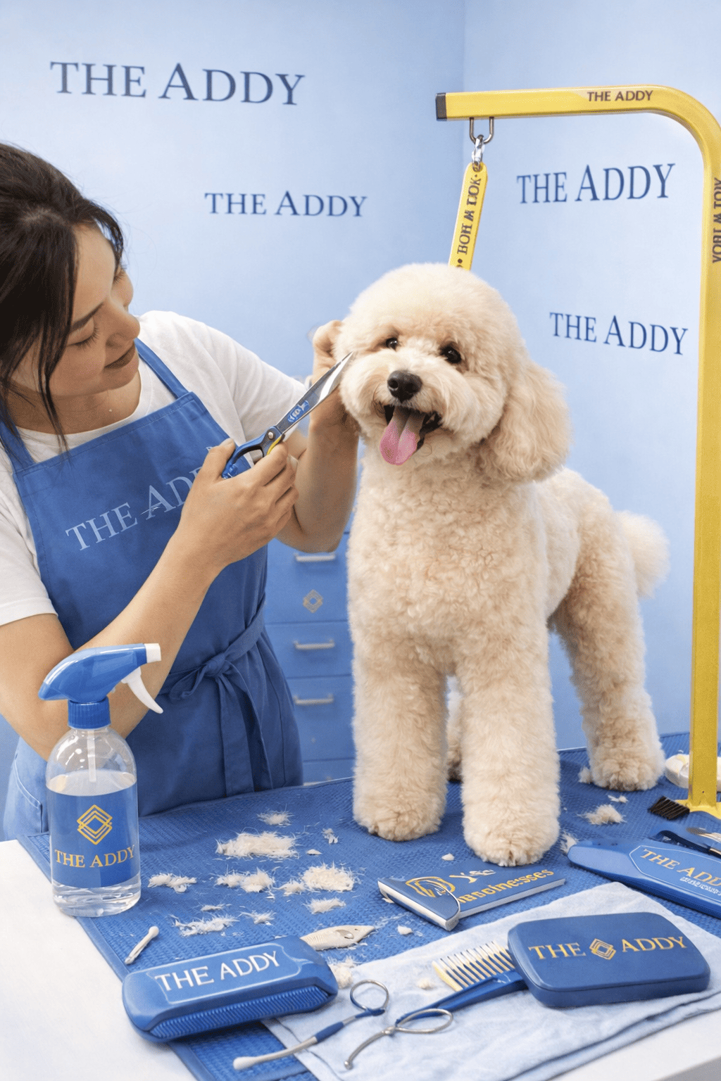 A groomer trimming a fluffy beige dog with barber scissors at a grooming station. The dog appears happy with its tongue out. Grooming tools and supplies are spread on the table, and a blue background with 'THE ADDY' logo is visible.