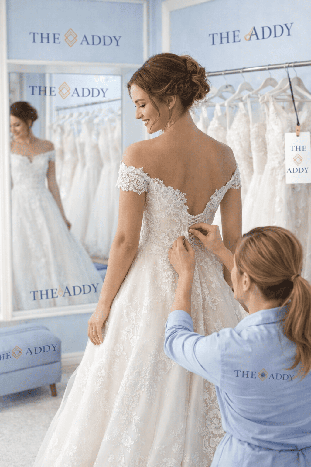 A bride trying on a wedding dress in a bridal boutique, assisted by a staff member, with more wedding dresses hanging in the background.