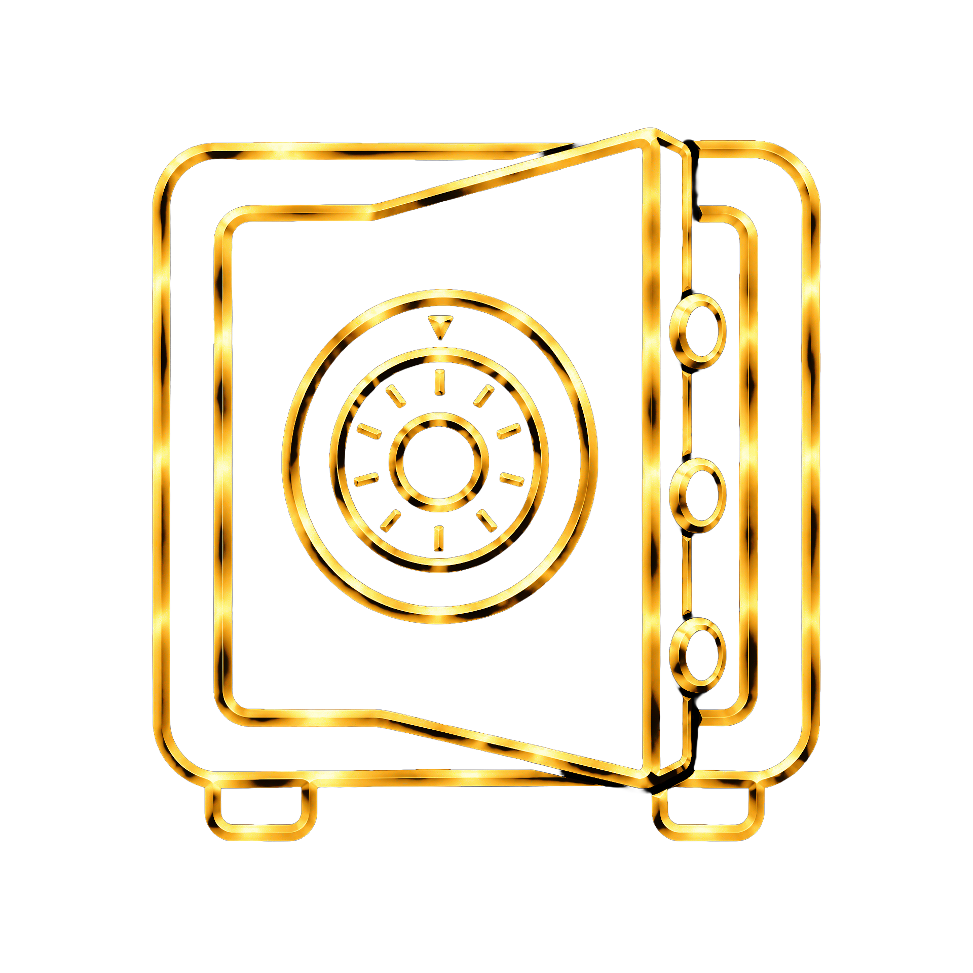 Neon sign of a camera with a flash in gold color on a black background
