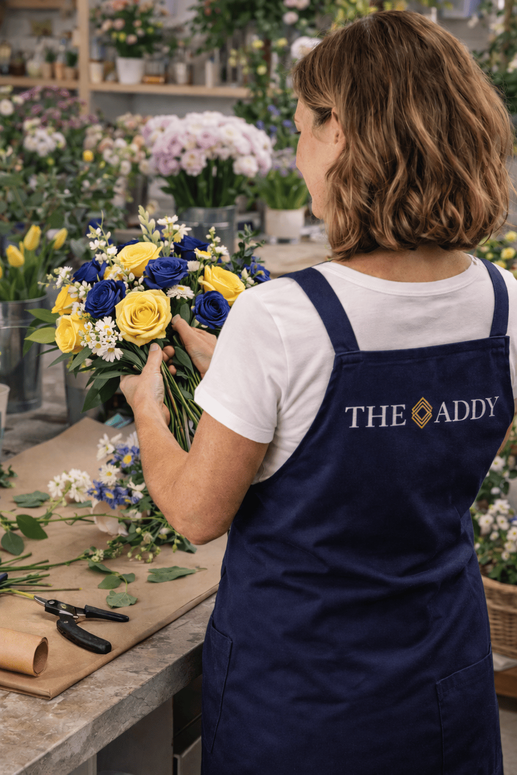 A woman with short brown hair wearing a white t-shirt and navy apron labeled 'THE ADDY' arranges a bouquet of yellow and blue roses with white daisies in a flower shop surrounded by various flowers and gardening tools.