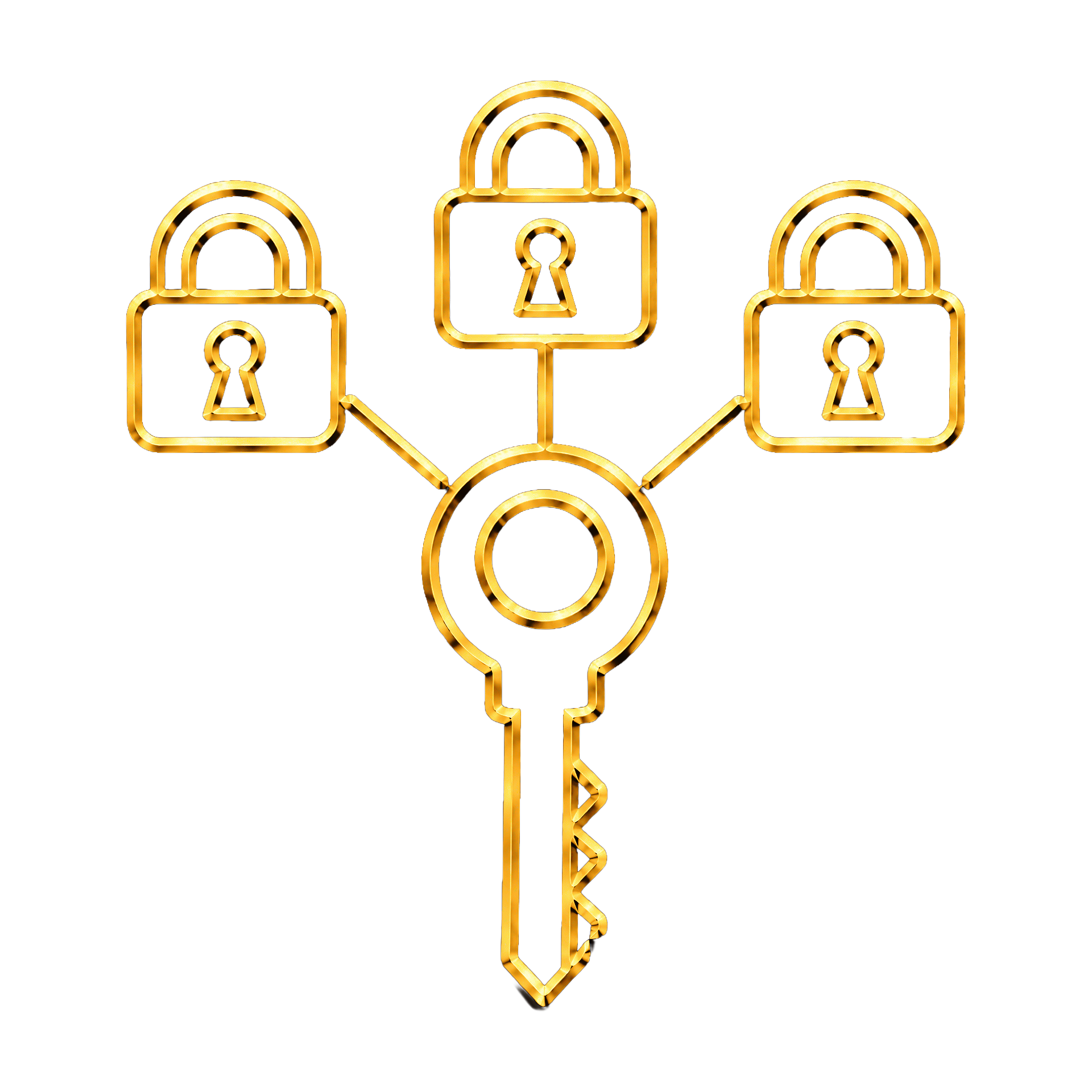 Gold neon outline of a large key with a cloud-shaped head and padlock symbols connected around it on a black background.