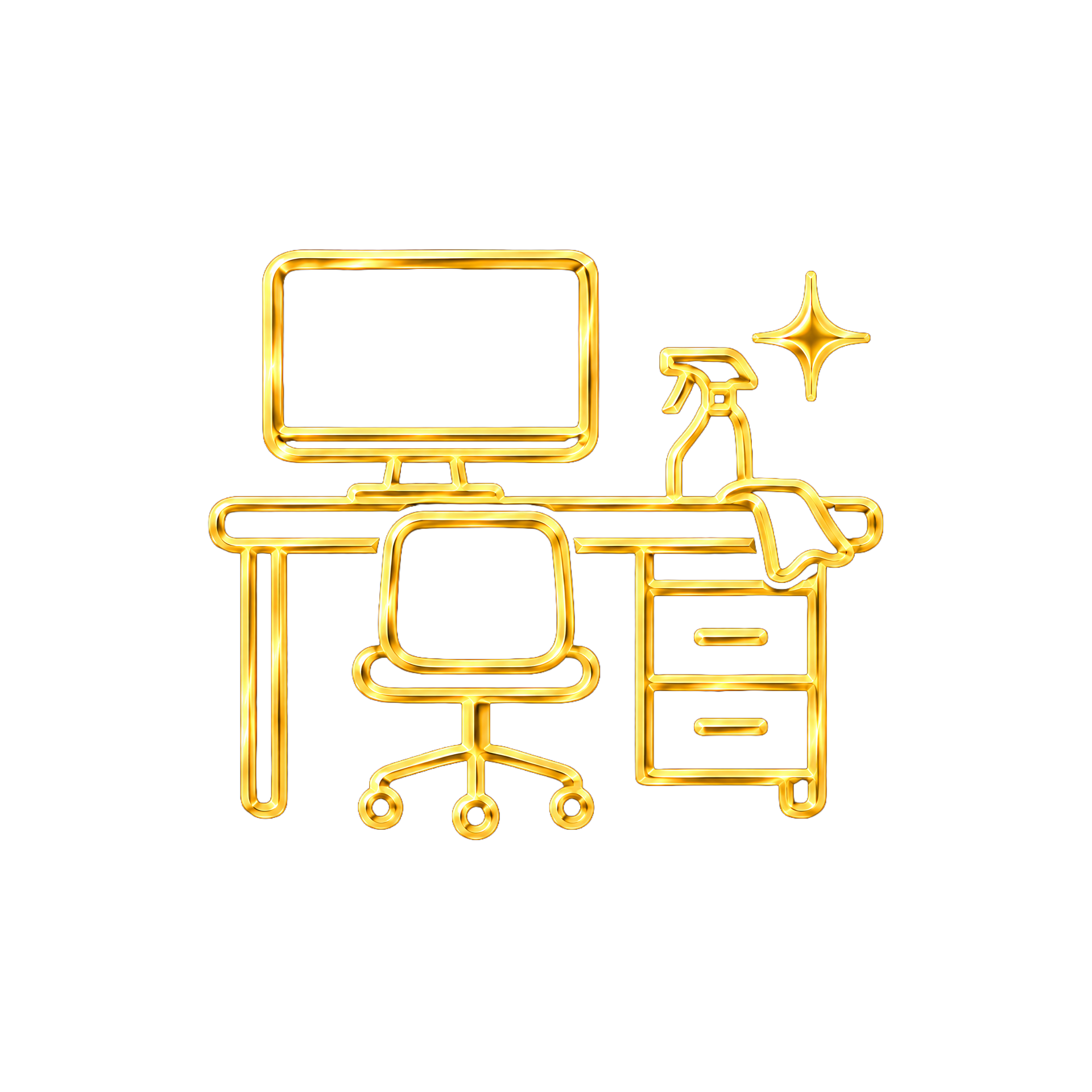 Neon-style illustration of a computer monitor, spray bottle, desk, desk lamp, and a star, all outlined in yellow gold against a black background.