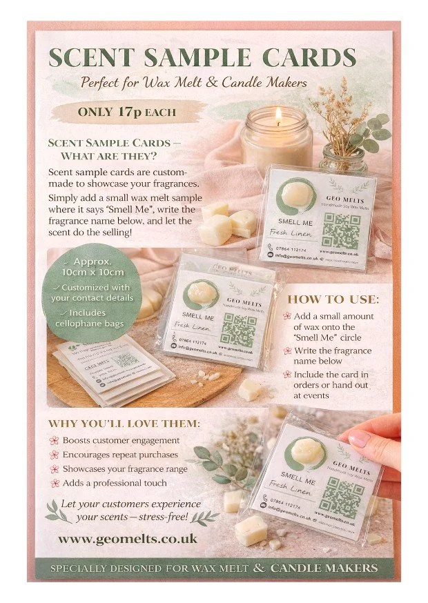 Scent sample cards for wax melts and candle makers featuring a small wax sample, a candle jar, a plant, and product details with usage instructions and contact information.
