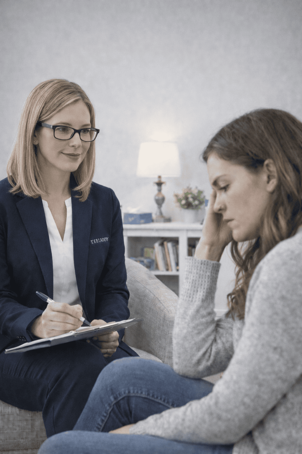 A woman in a dark blazer taking notes and a woman in a gray sweater sitting with head in hand during a counseling session or therapy meeting in a cozy, well-lit room.
