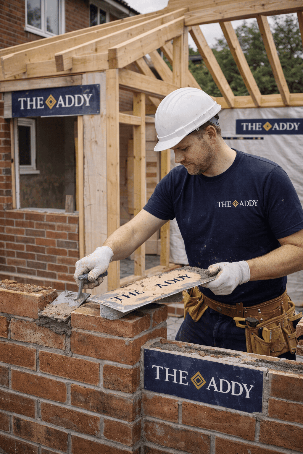 A construction worker wearing a white safety helmet and navy T-shirt with 'THE ADDY' logo building a brick wall at a construction site.