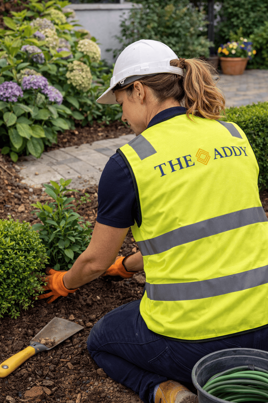 A woman wearing a white safety helmet and a yellow high-visibility vest labeled 'THE ADDY' is kneeling in a garden, planting or tending to small green bushes. She is wearing orange gloves and is using a small trowel. There are flowering plants and a paved pathway in the background.