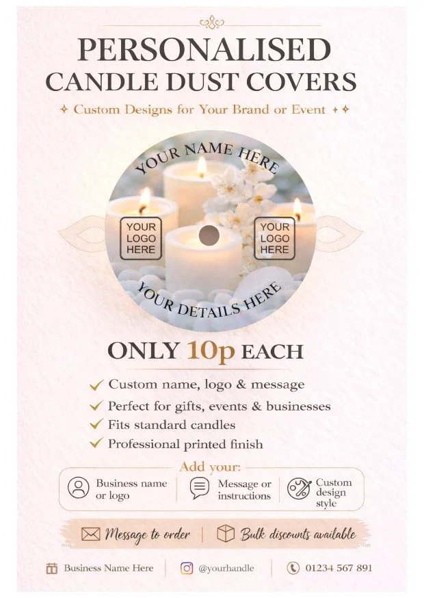 An advertisement for personalized candle dust covers featuring customizable designs for branding or events, priced at 10p each, with options for custom names, logos, and messages.