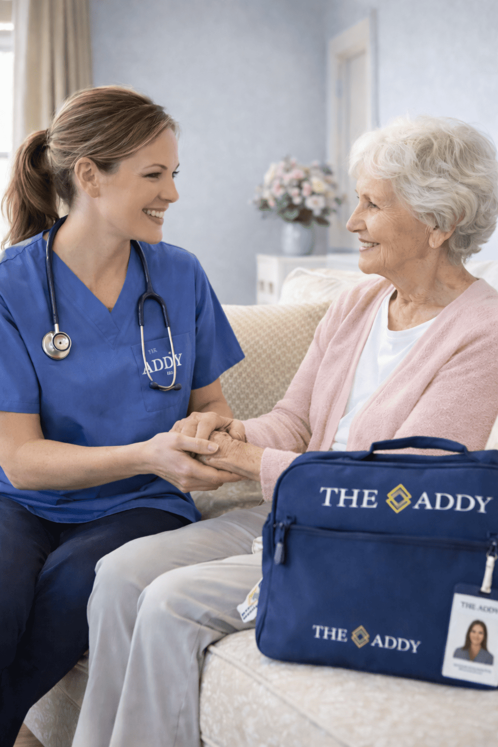 A healthcare professional in blue scrubs holding hands with an elderly woman who is smiling, sitting on a beige couch with a blue bag that reads 'The Addy' and a name tag, in a cozy room with flowers in the background.