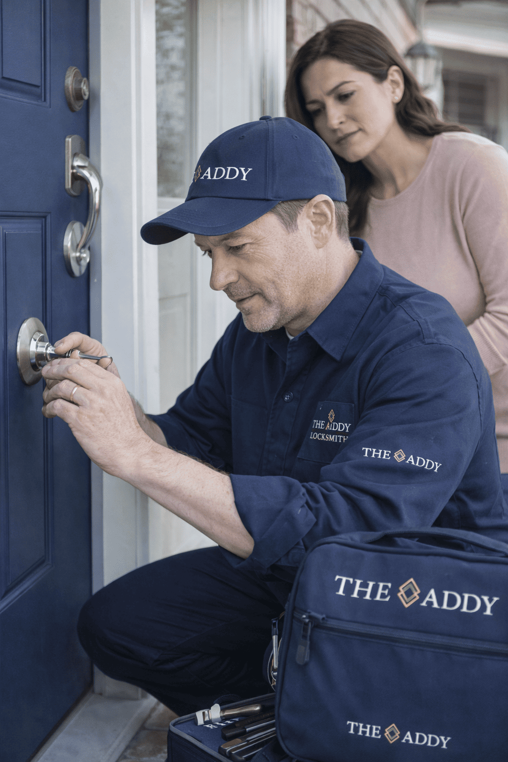 A locksmith installing a lock on a blue door while a woman watches