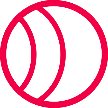 A red and black logo featuring a stylized basketball with curved lines.