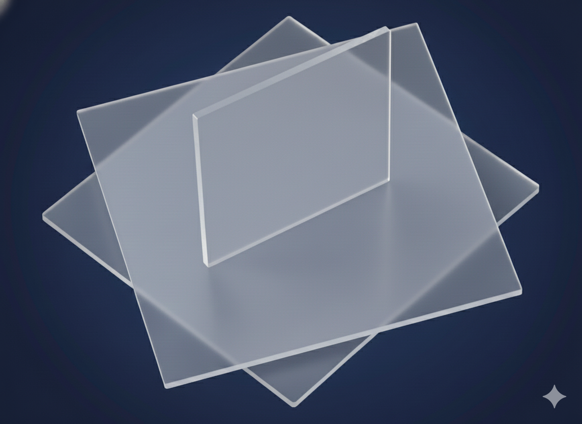 A clear plastic display stand with multiple tiers placed on a dark surface.