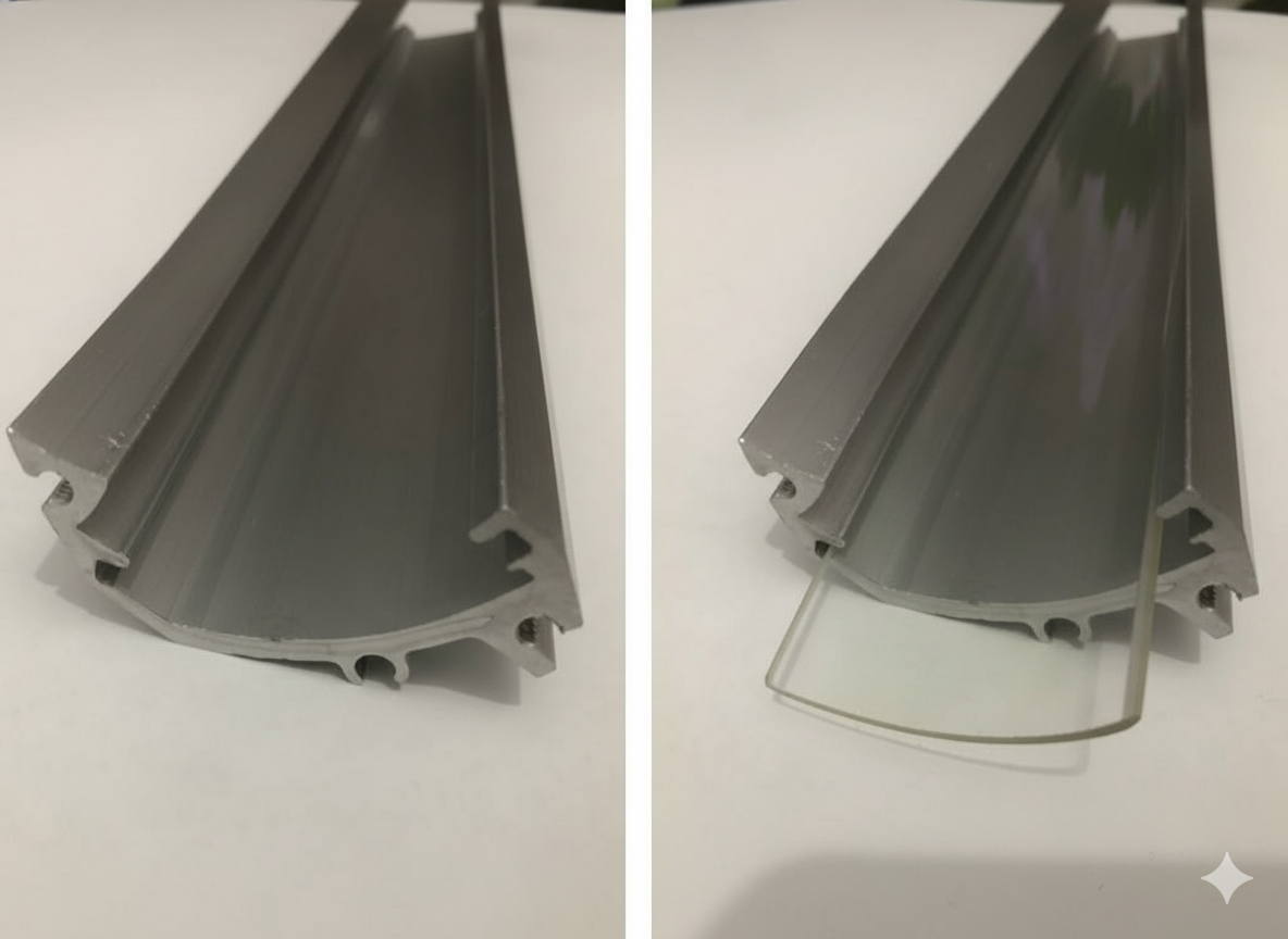 Silver aluminum extrusion with a curved semi-circular shape and internal grooves, viewed from different angles.