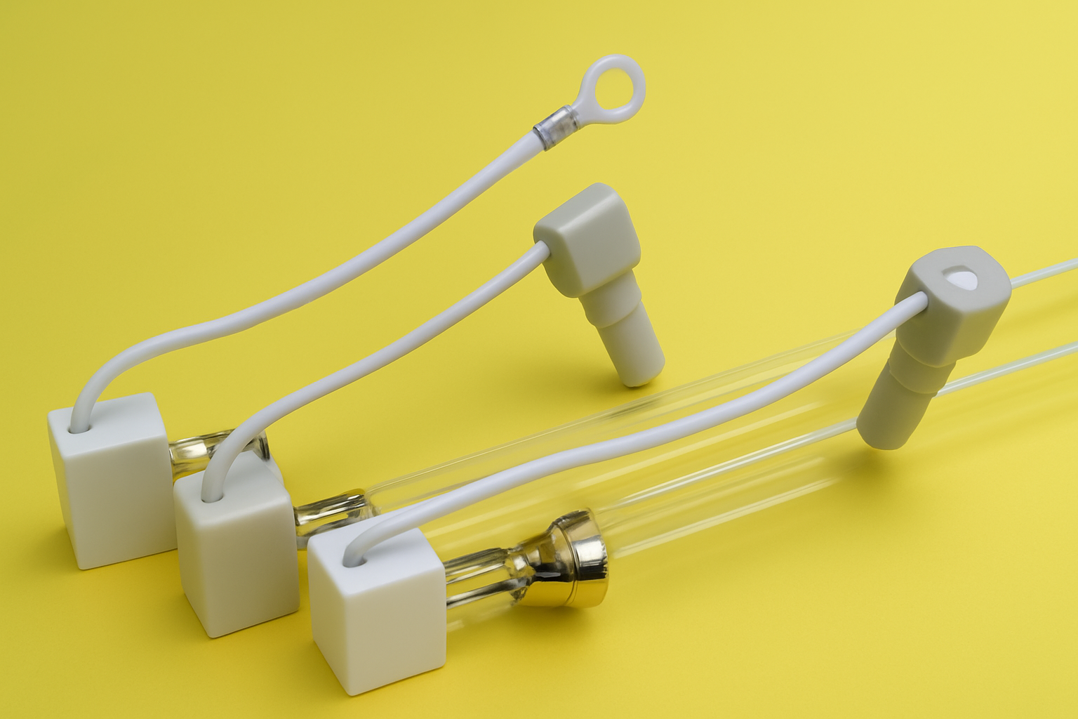 Set of medical tubing and connectors on a yellow background, including glass tubes, plastic connectors, and metallic components.