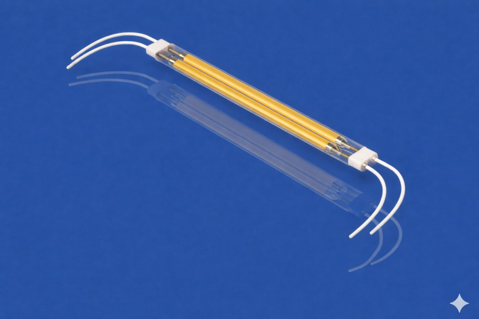 A UV germicidal lamp with a clear protective cover and two yellow ultraviolet tubes against a blue background.