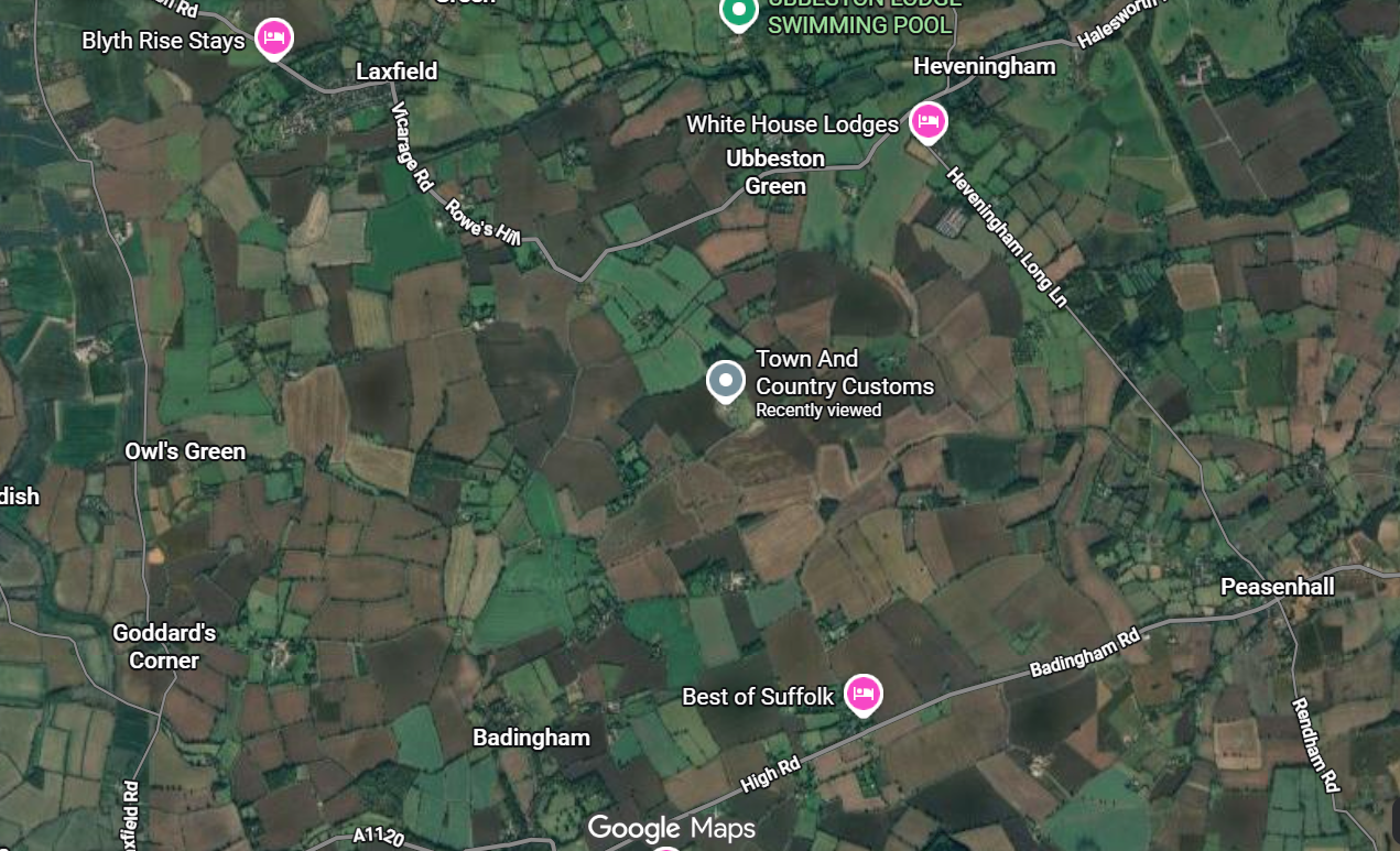 Satellite map showing rural area with roads, farms, and several accommodations labeled, including 'White House Lodges,' 'Best of Suffolk,' and 'Blyth Rise Stays.'