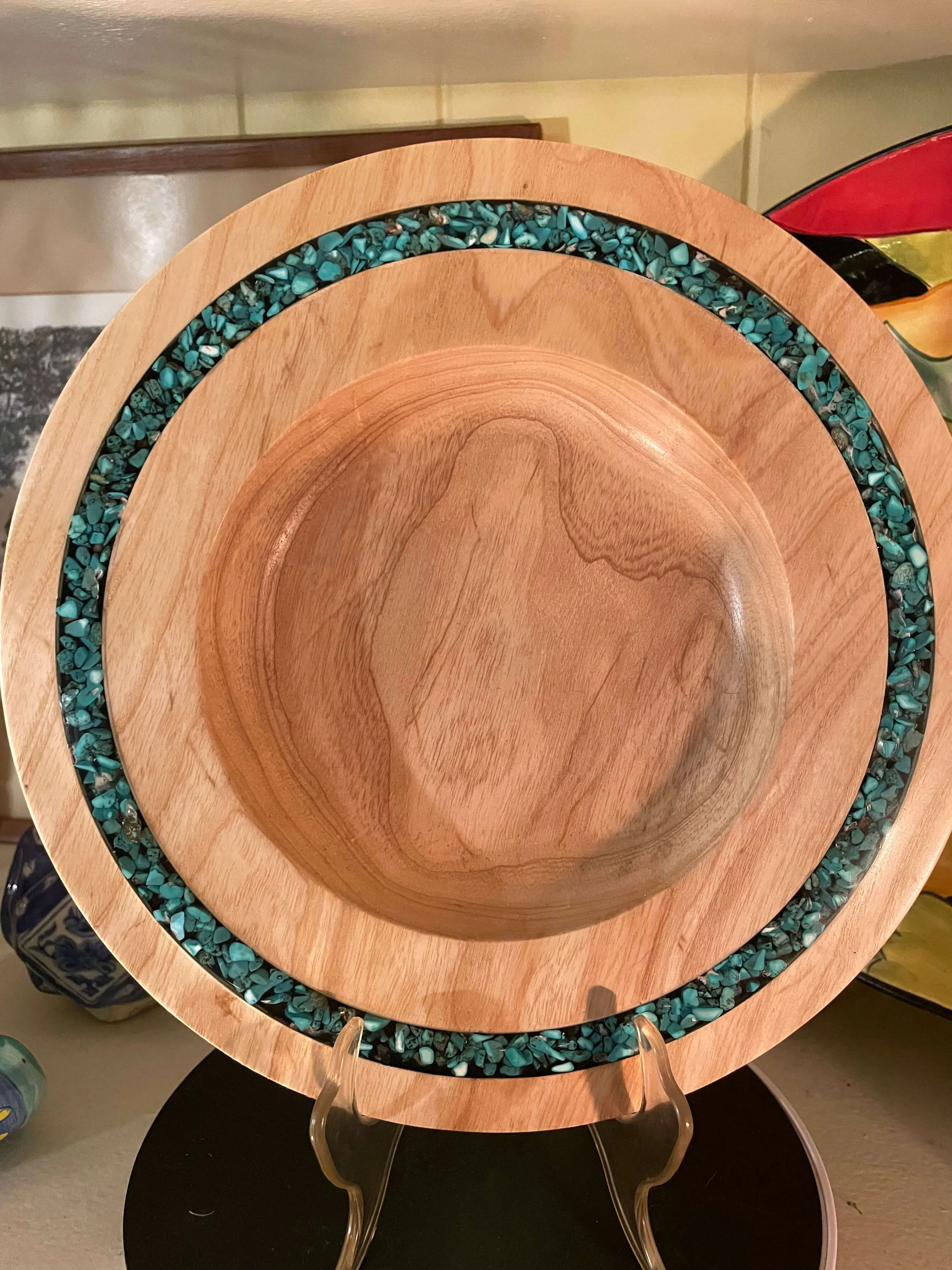 Elegant Turquoise Inlay Wooden Bowl