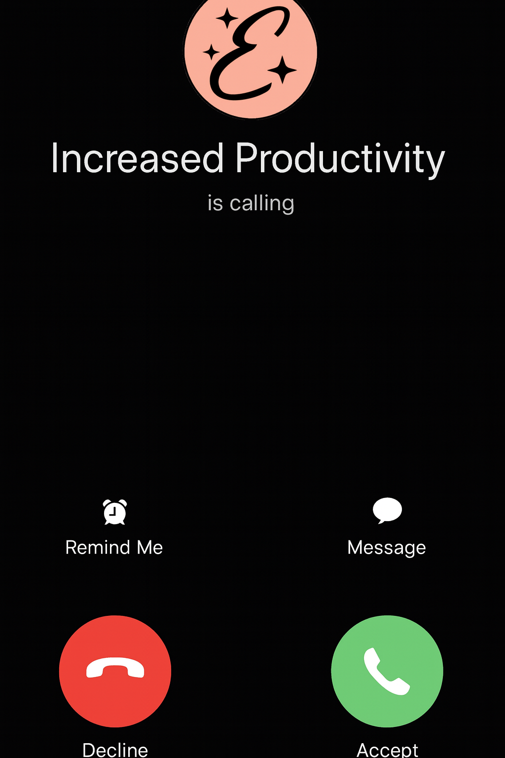 Screen of an incoming call from 'Increased Productivity' with options to decline, accept, send message, or set reminder.