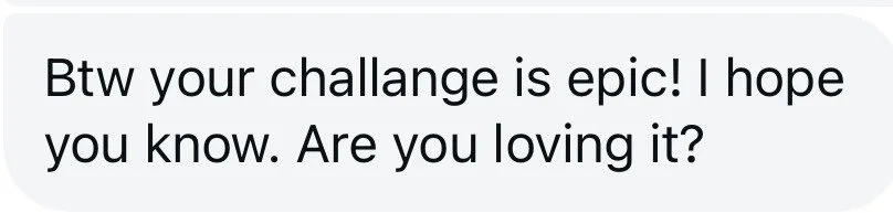 Screenshot of a text message saying, 'Btw your challenge is epic! I hope you know. Are you loving it?'