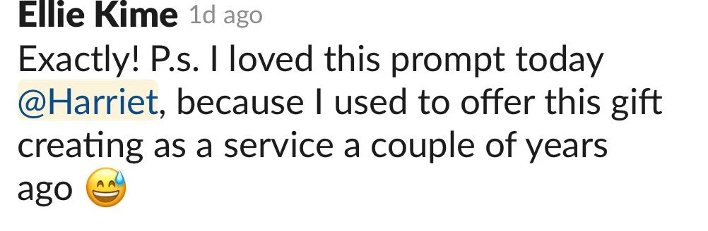 Screenshot of a social media comment by Ellie Kime mentioning Harriet, with a smiley face emoji.