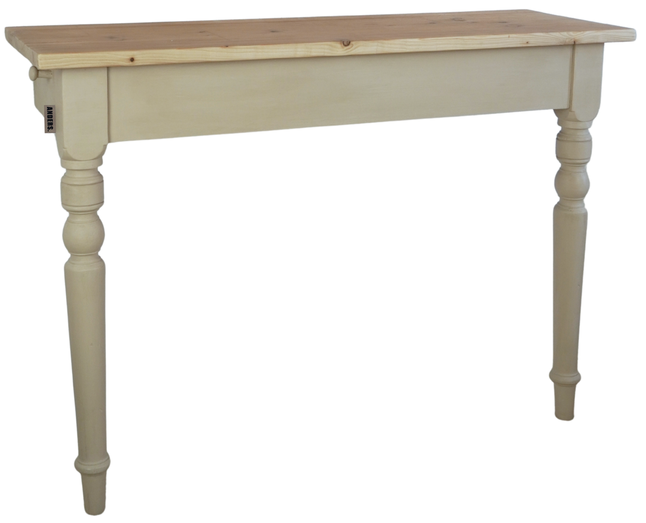 Ein Wandtisch mit bemalten beigen Beinen und einer unbemalten Holzplatte. UNIKAT