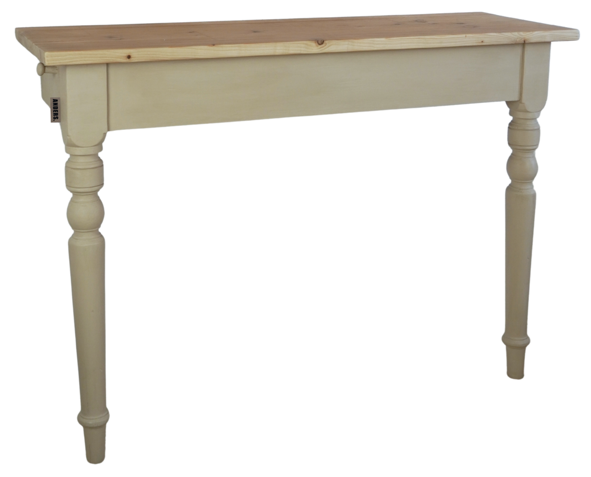 Ein Holztisch mit gedrechselten Beinen und einer hellen Ablagefläche aus Holz. UNIKAT