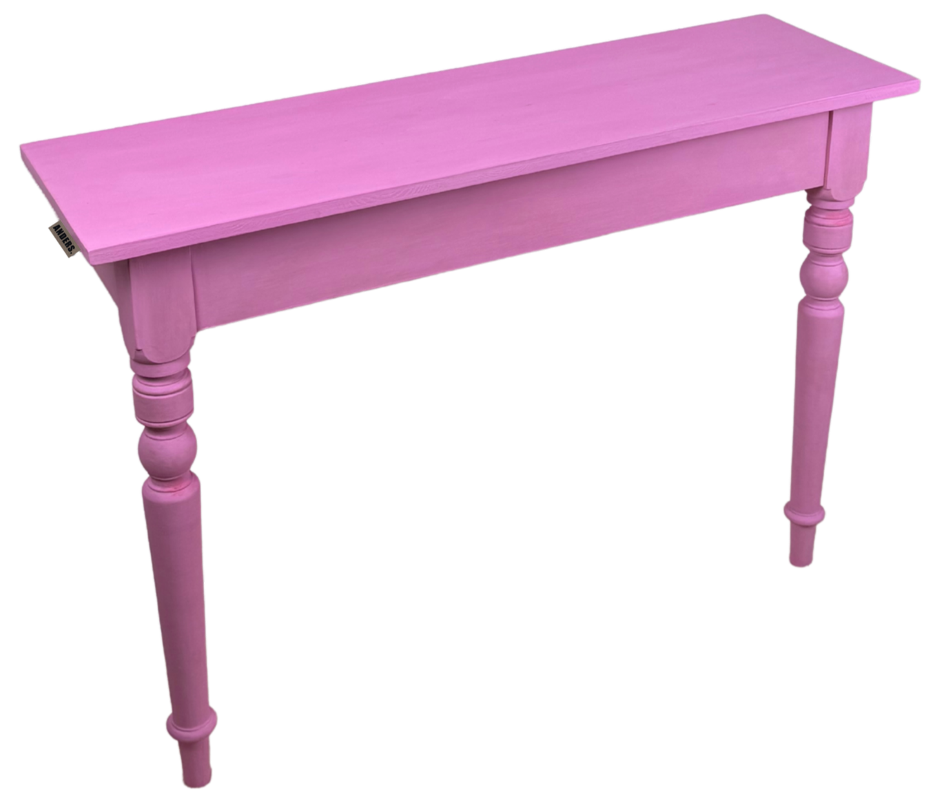 Ein pinkfarbener Holztisch mit gedrechselten Beinen, auf einem transparenten Hintergrund. UNIKAT