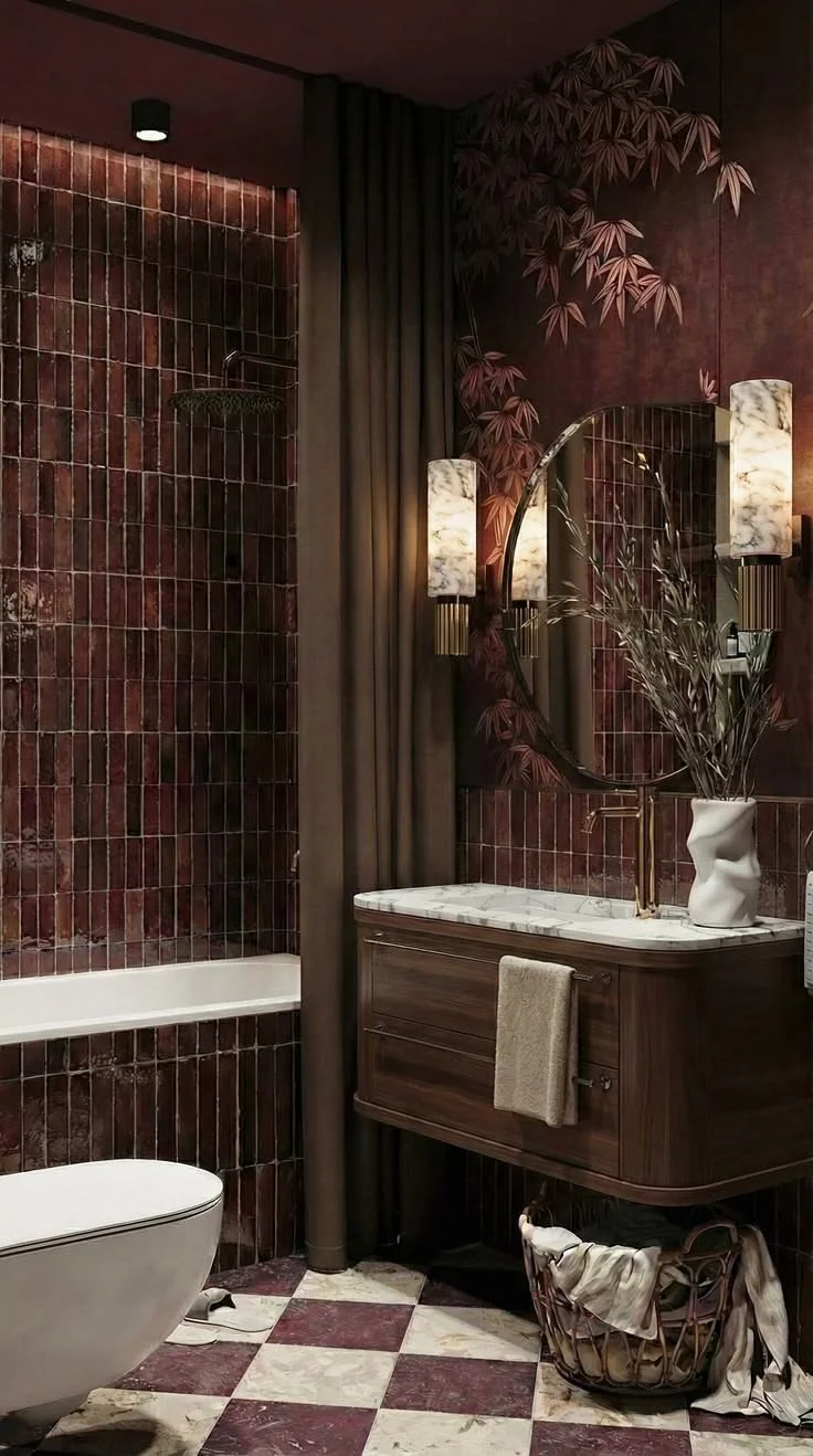 Claret zellige tiled bathroom with leaf print wallpaper, round mirror and freestanding bath