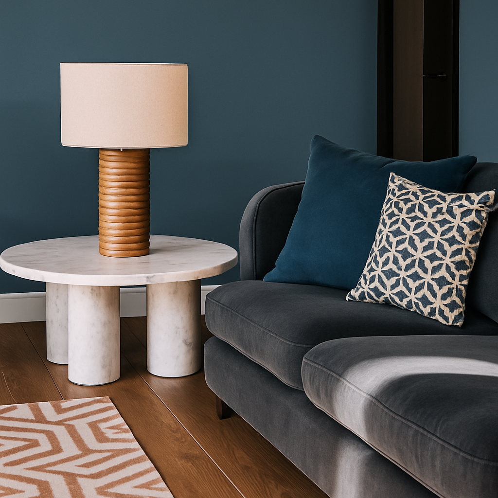 wooden lamp, navy blue sofa, marble side table, midnight blue wall