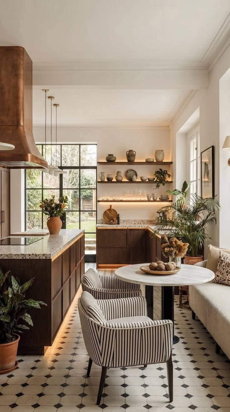 Period home kitchen with copper extractor hood, dark cabinetry and tiled floor in Kennington