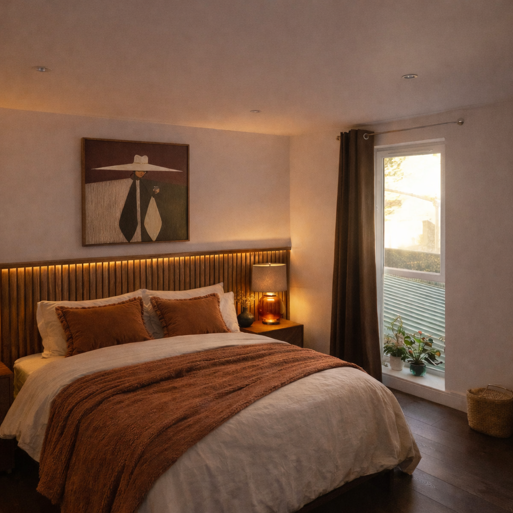 Abstract artwork adds depth and contrast to this contemporary Dulwich bedroom interior scheme.