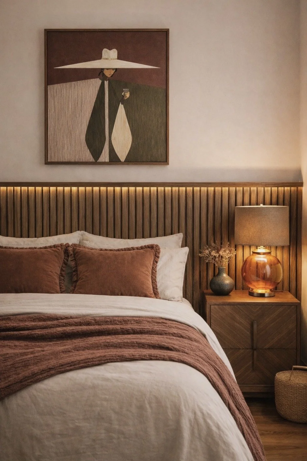 Luxury bedroom interior design in a Dulwich apartment featuring a panelled headboard, burnt orange bedding and layered ambient lighting.